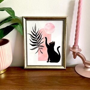 Pink Moon Black Cat Bohemian Leaf Pink Aesthetic Canvas Art Print Silver Framed
